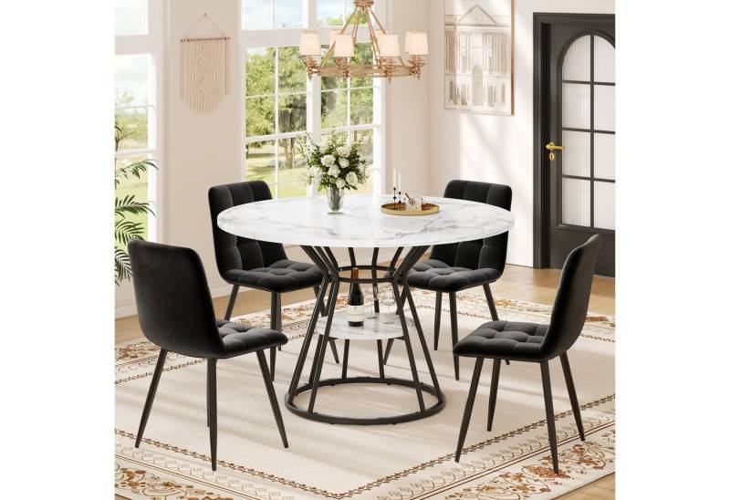 Flieks Essgruppe runder Esstisch mit 4 Stühlen, (Set, Metallbeine mit verstellbaren Fußpolstern, 5-tlg., Tisch mit 4 Stühle), Küchentisch mit Ablagen inkl. 4 Esszimmerstühle Samt Sitzgruppe Set von Flieks