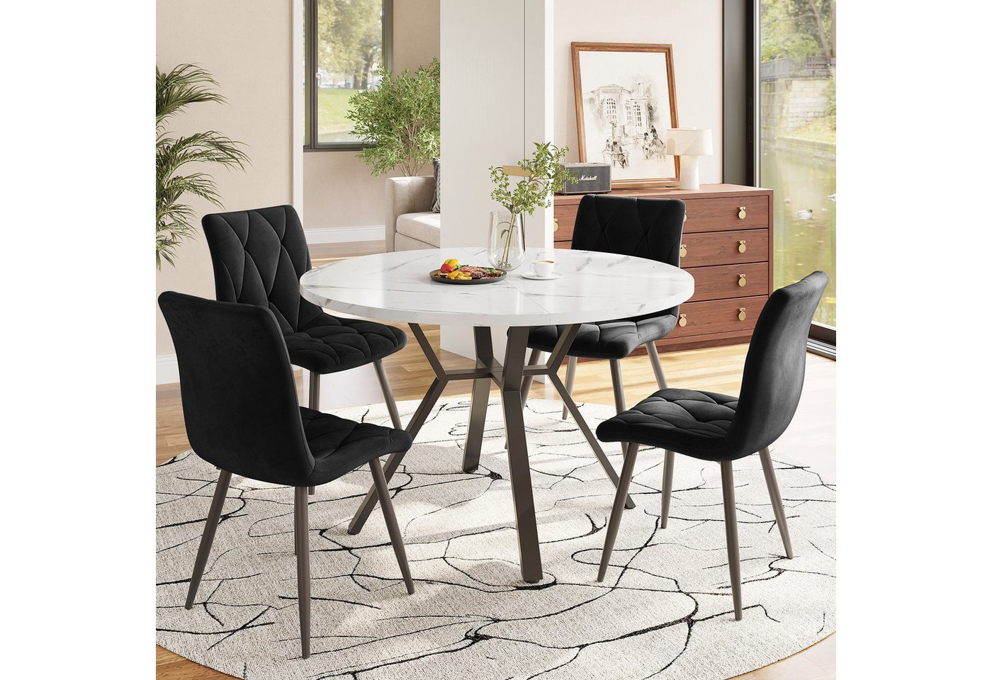 Flieks Essgruppe runder Esstisch mit 4 Stühlen Set, (Set, 5-tlg., 1 Tisch mit 4 Stühlen), Sitzgruppe Küchetisch 100x75cm Esszimmertühle Samt Metallbeine von Flieks