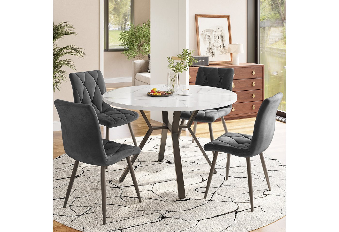 Flieks Essgruppe runder Esstisch mit 4 Stühlen Set, (Set, 5-tlg., 1 Tisch mit 4 Stühlen), Sitzgruppe Küchetisch 100x75cm Esszimmertühle Samt Metallbeine von Flieks