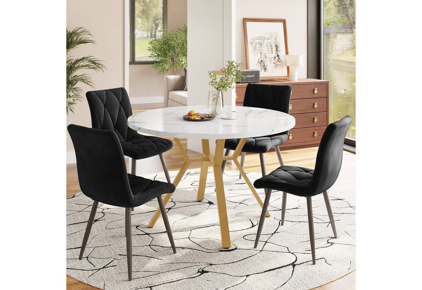 Flieks Essgruppe runder Esstisch mit 4 Stühlen Set, (Set, 5-tlg., 1 Tisch mit 4 Stühlen), Sitzgruppe Küchetisch 100x75cm Esszimmertühle Samt Metallbeine von Flieks
