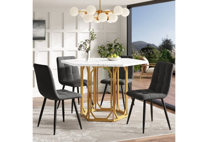 Flieks Essgruppe sechseckiger Esstisch mit 4 Stühlen, (Set, 5-tlg., Tisch mit 4 Stühlen), Marmoroptik Küchetisch mit 4 Esszimmerstühlen Leinen Set Sitzgruppe von Flieks