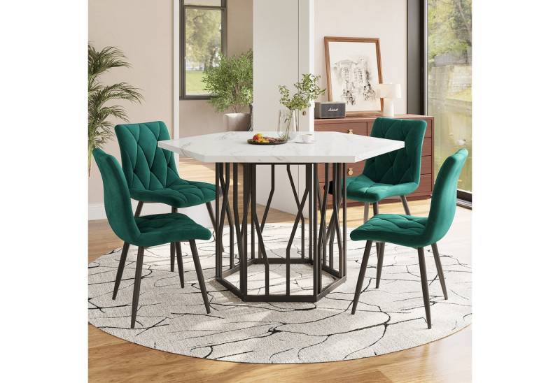 Flieks Essgruppe sechseckiger Esstisch mit 4 Stühlen Set, (Set, 5-tlg., 1 Tisch mit 4 Stühlen), Sitzgruppe Küchetisch 115,5x100x75 cm Esszimmerstuhl Samt von Flieks
