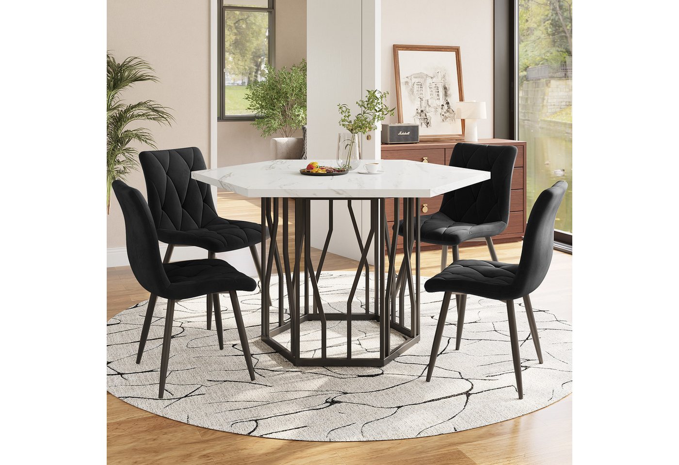 Flieks Essgruppe sechseckiger Esstisch mit 4 Stühlen Set, (Set, 5-tlg., 1 Tisch mit 4 Stühlen), Sitzgruppe Küchetisch 115,5x100x75 cm Esszimmerstuhl Samt von Flieks