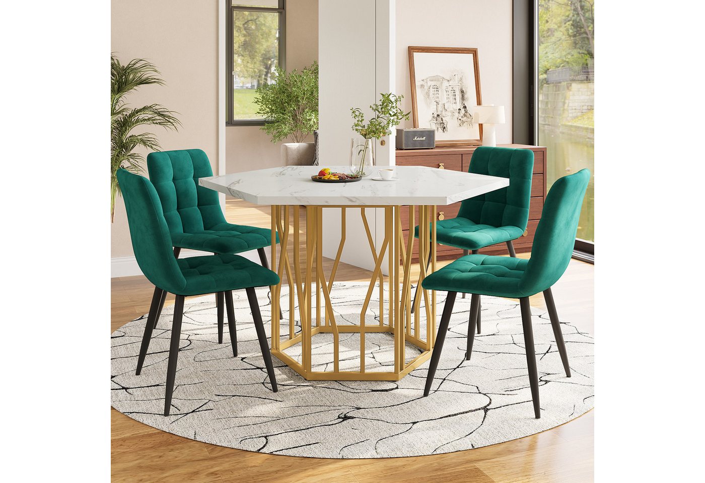 Flieks Essgruppe sechseckiger Esstisch mit 4 Stühlen Set, (Set, 5-tlg., 1 Tisch mit 4 Stühlen), Sitzgruppe Küchetisch 115,5x100x75 cm Esszimmerstuhl Samt von Flieks
