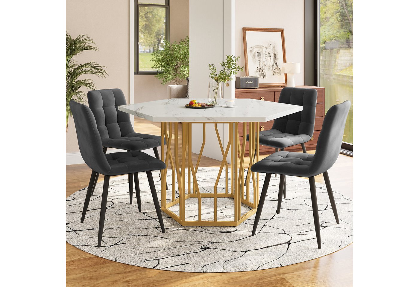 Flieks Essgruppe sechseckiger Esstisch mit 4 Stühlen Set, (Set, 5-tlg., 1 Tisch mit 4 Stühlen), Sitzgruppe Küchetisch 115,5x100x75 cm Esszimmerstuhl Samt von Flieks