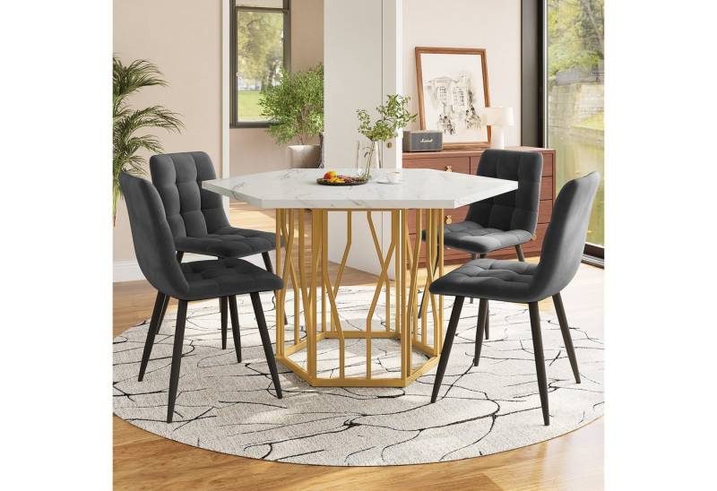 Flieks Essgruppe sechseckiger Esstisch mit 4 Stühlen Set, (Set, 5-tlg., 1 Tisch mit 4 Stühlen), Sitzgruppe Küchetisch 115,5x100x75 cm Esszimmerstuhl Samt von Flieks
