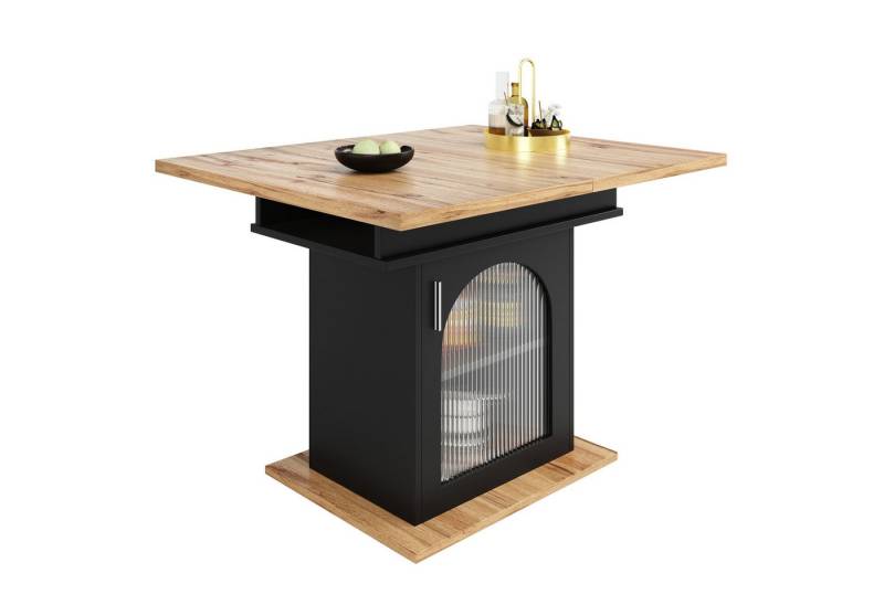 Flieks Esstisch (klappbar 110-140x80x76 cm, 1-St., mit Glastür und Metallgriff), ausziehbar Küchentisch rechteckig mit Stauraum Schreibtisch schwarz von Flieks
