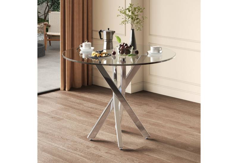 Flieks Esstisch Glastisch 80x75 cm (galvanisierte Tischbeine mit verstellbaren Fußpolstern in silberfarben, 1-St., 1 Tisch), runder Küchentisch Freizeittisch, Tischplatte aus gehärtetem Glas von Flieks