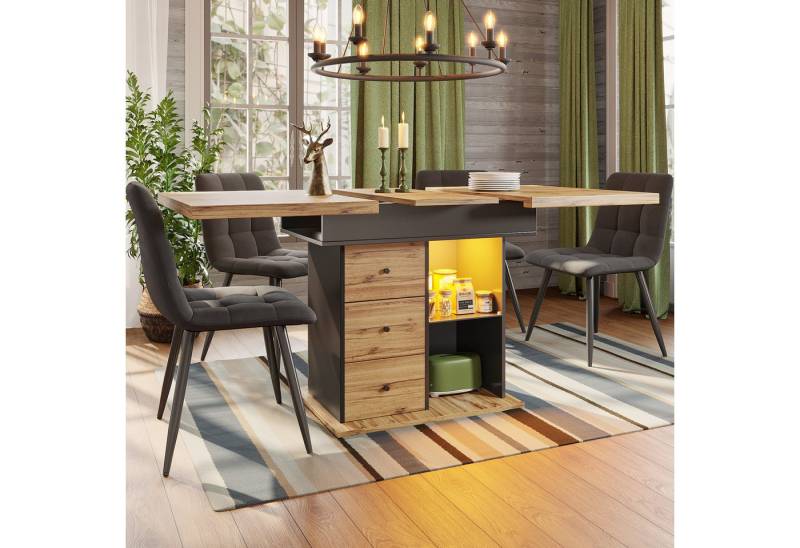 Flieks Esstisch ausziehbarer Küchentisch mit LED-Beleuchtung und Schubladen (Holztisch Länge110-140/T80/H75 cm, 1-St., 1 Tsich), erweiterbarer Schreibtisch rechteckig Arbeitstisch mit Stauraum von Flieks