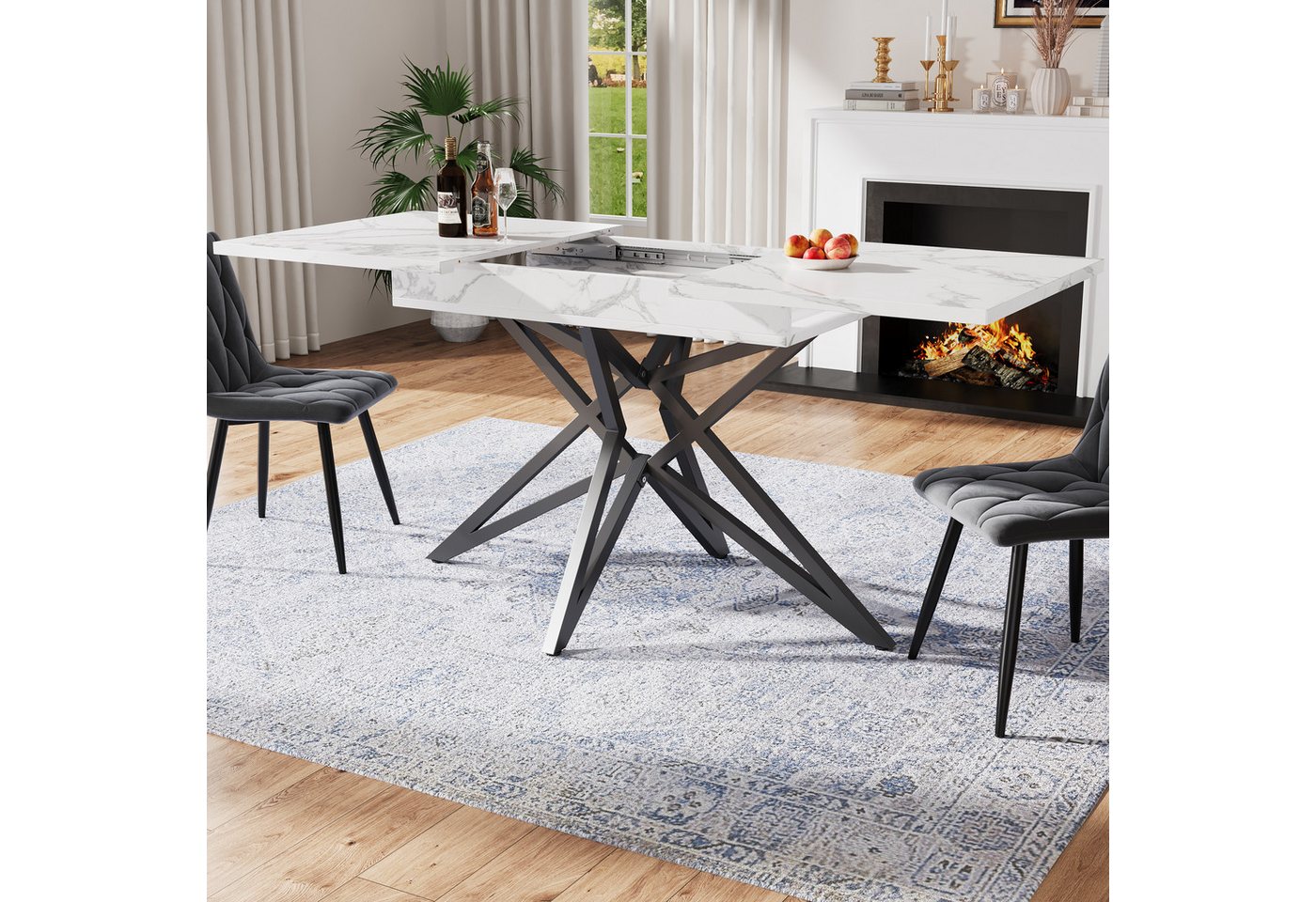 Flieks Esstisch ausziehbarer Tisch (Metallbeine mit verstellbaren Fußstützen, Länge 120-160/T80/H76 cm, 1-St., 1 Tisch), rechteckiger Küchentisch Marmoroptik, sternförmige Tischbeine von Flieks