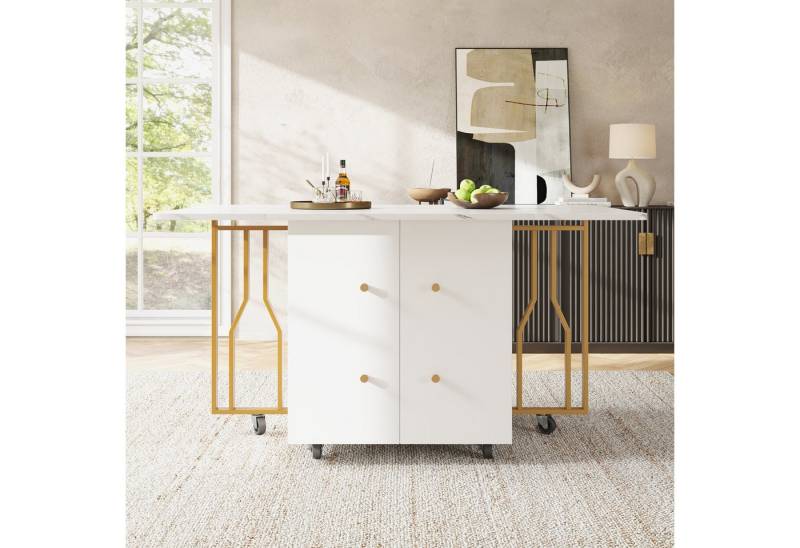 Flieks Esstisch mit klappbare Tischplatte und Rollen (1-St., 1 Tisch, B80-140/T75/H76,3 cm), rechteckiger Küchentisch mit Stauraum Arbeitstisch Marmoroptik von Flieks