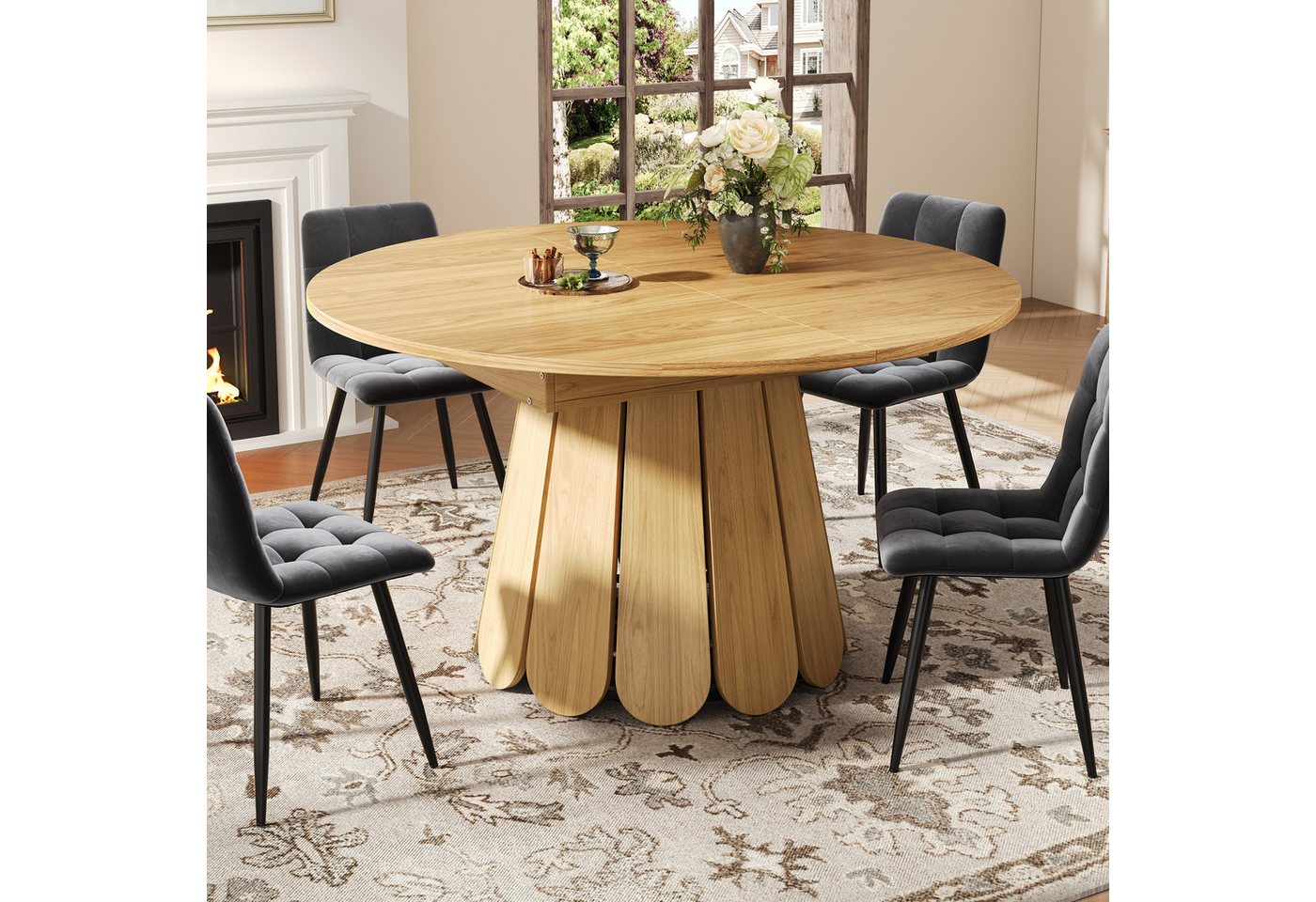 Flieks Esstisch runder/ovaler Küchentisch mit ausziehbarer Tischplatten (L118-158/T118/H76 cm, 1-St., 1 Tisch), erweiterbarer Esszimmertisch Holzoptik, blütenblattförmige Beine von Flieks