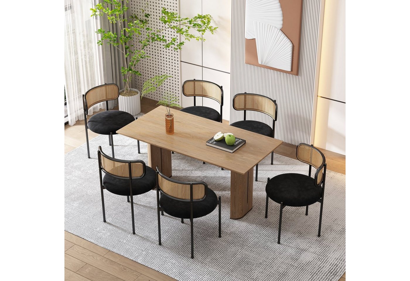 Flieks Esszimmerstuhl (6 St), 6er Set Rattanstuhl Polsterstuhl Wohnzimmerstuhl Samt mit Rückenlehne von Flieks