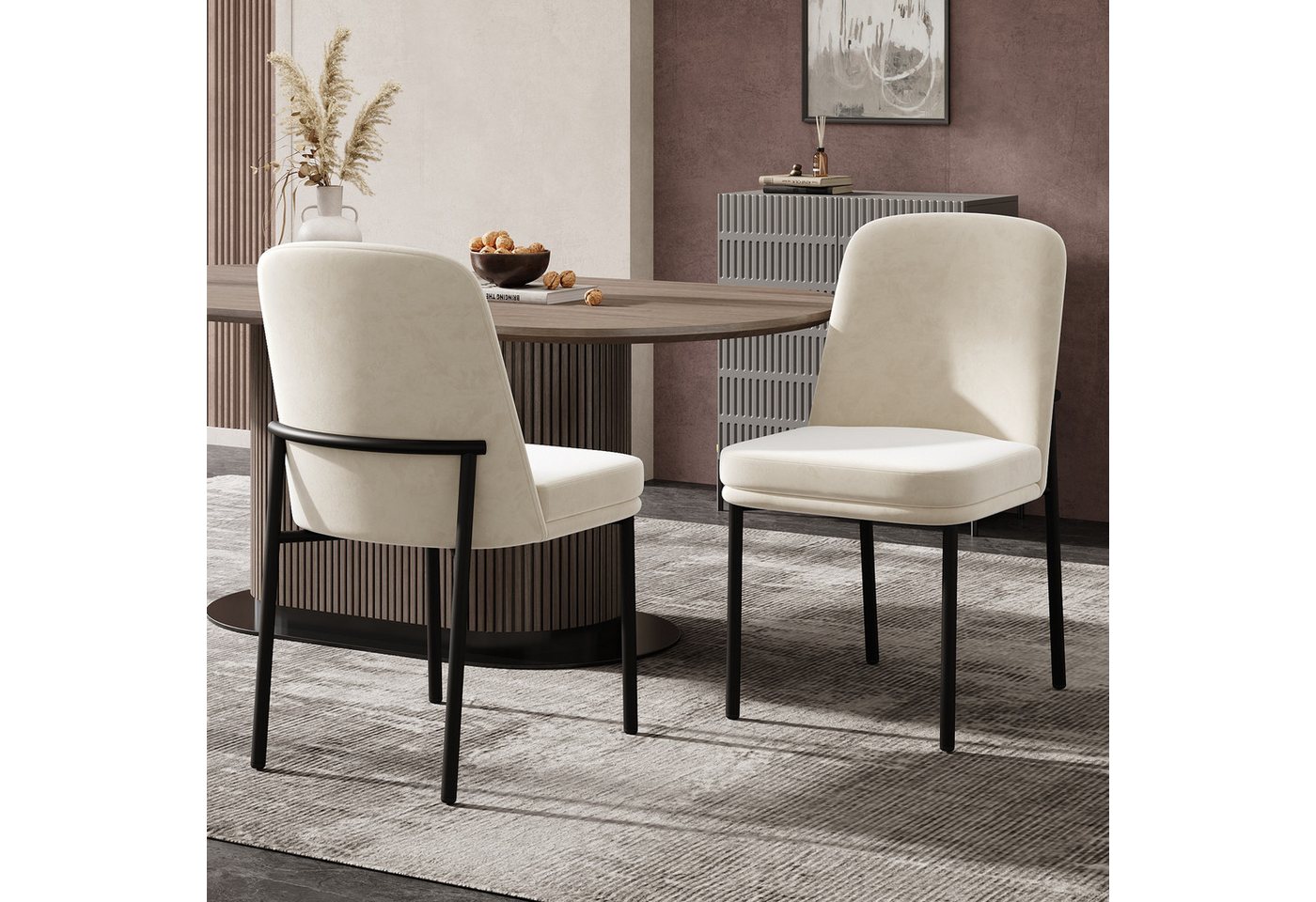 Flieks Esszimmerstuhl (Set, 2 St), 2er Set Polsterstühle Küchenstuhl Samt Beige, schwarze Metallbeine von Flieks