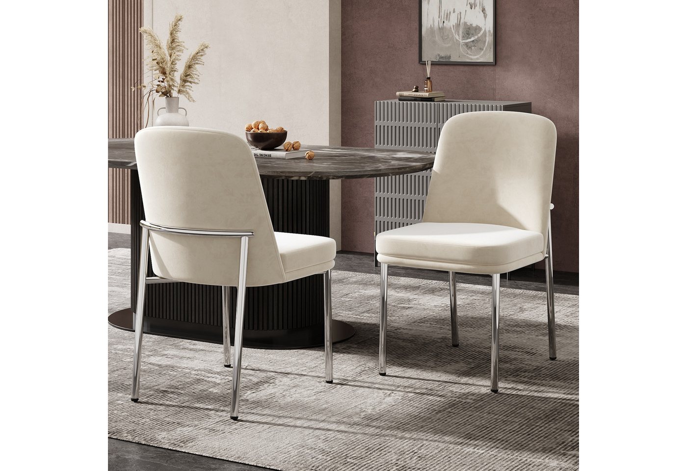 Flieks Esszimmerstuhl (Set, 2 St), 2er Set Polsterstühle Küchenstuhl Samt Beige, silberne Metallbeine von Flieks