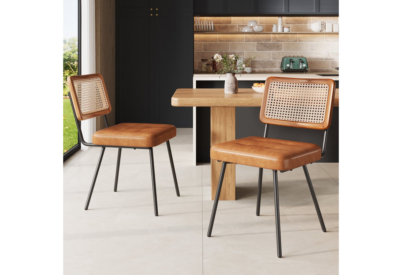 Flieks Esszimmerstuhl (Set, 2 St), 2er Set Rattanstühle Polsterstühle Wohnzimmer Kunstleder, Metallbeine von Flieks