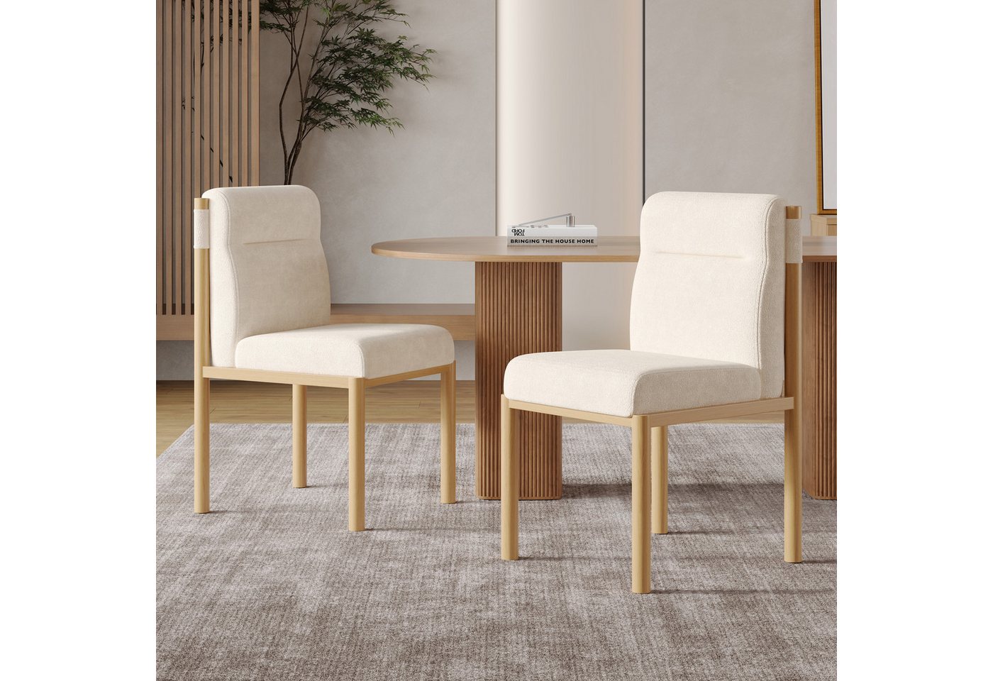 Flieks Esszimmerstuhl Eisengestell in Eichenholz-Optik (Set, 2 St), 2er Set Polsterstühle Wohnzimmerstuhl Sherpa-Stoff Beige von Flieks