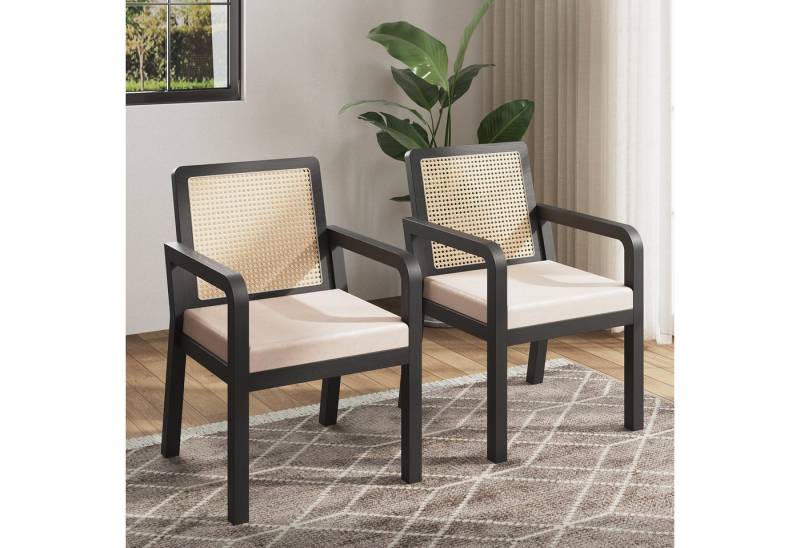 Flieks Esszimmerstuhl Rattanstühle, Gestell aus Gummiholz (Set, 2 St), 2er Set Polsterstühle Armlehnstuhl mit Fußpolstern Samt Schwarz von Flieks