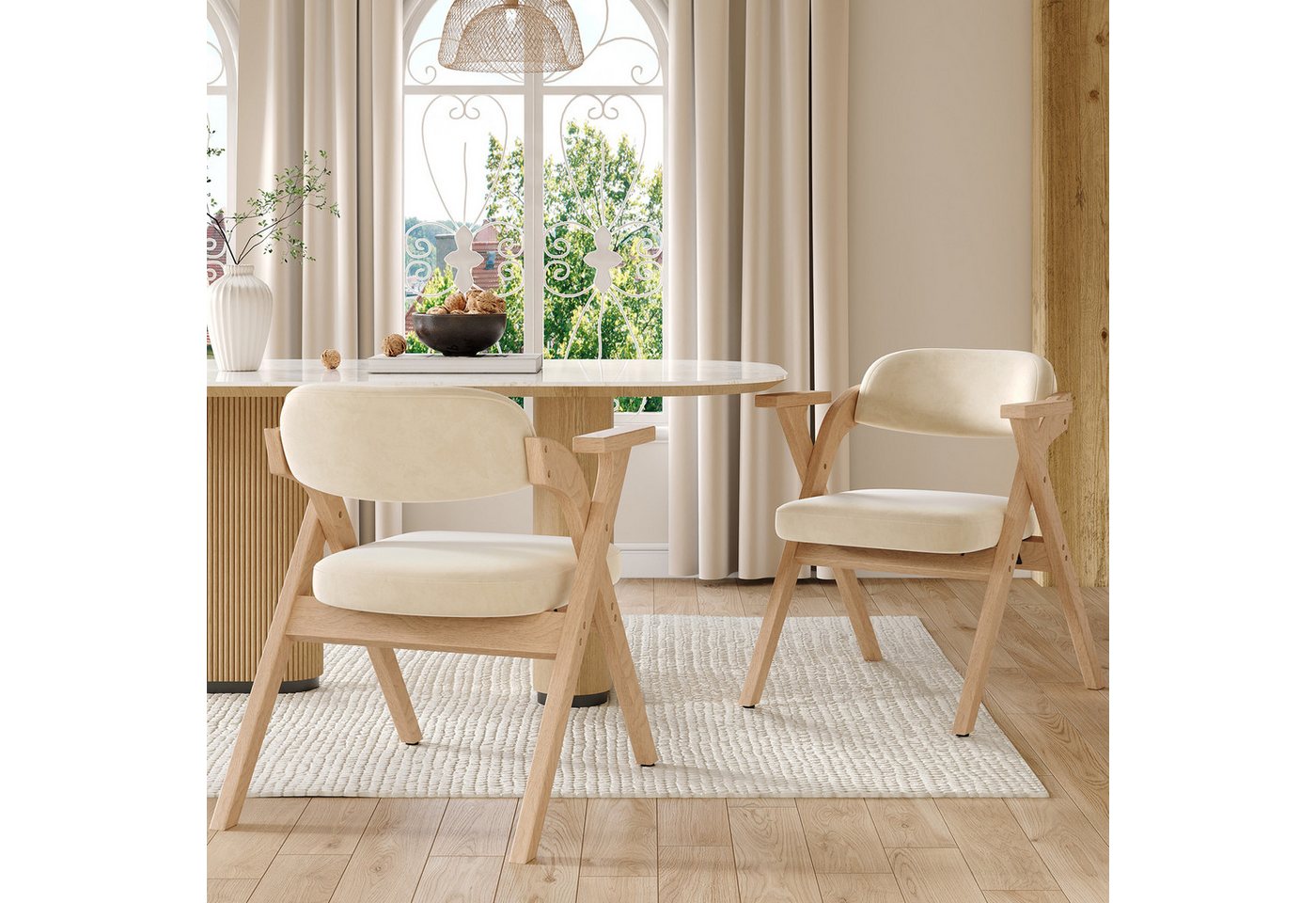Flieks Esszimmerstuhl klappbare Polsterstühle (Gestell aus Massivholz, Set, 2 St), 2er Set Faltstühle Armlehnstuhl Wohnzimmerstuhl Samt Beige von Flieks