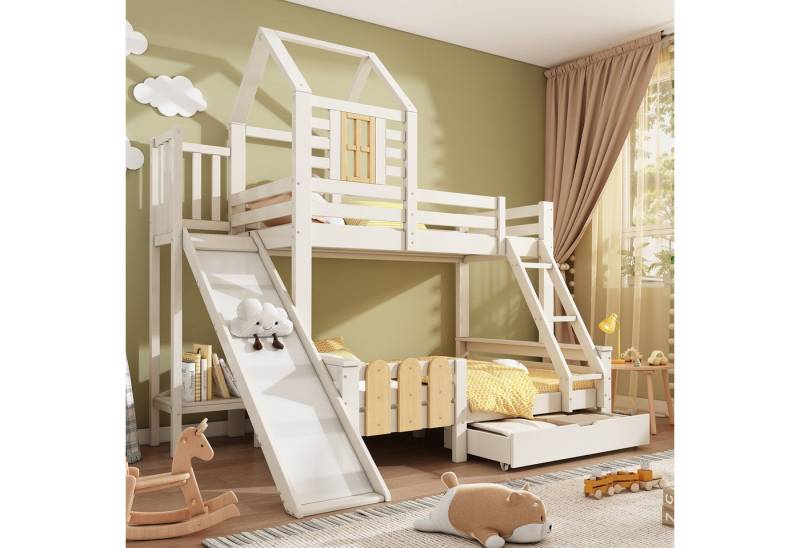 Flieks Etagenbett, Hausbett Kinderbett 90/140x200cm mit Schublade, Rutsche und Leiter von Flieks