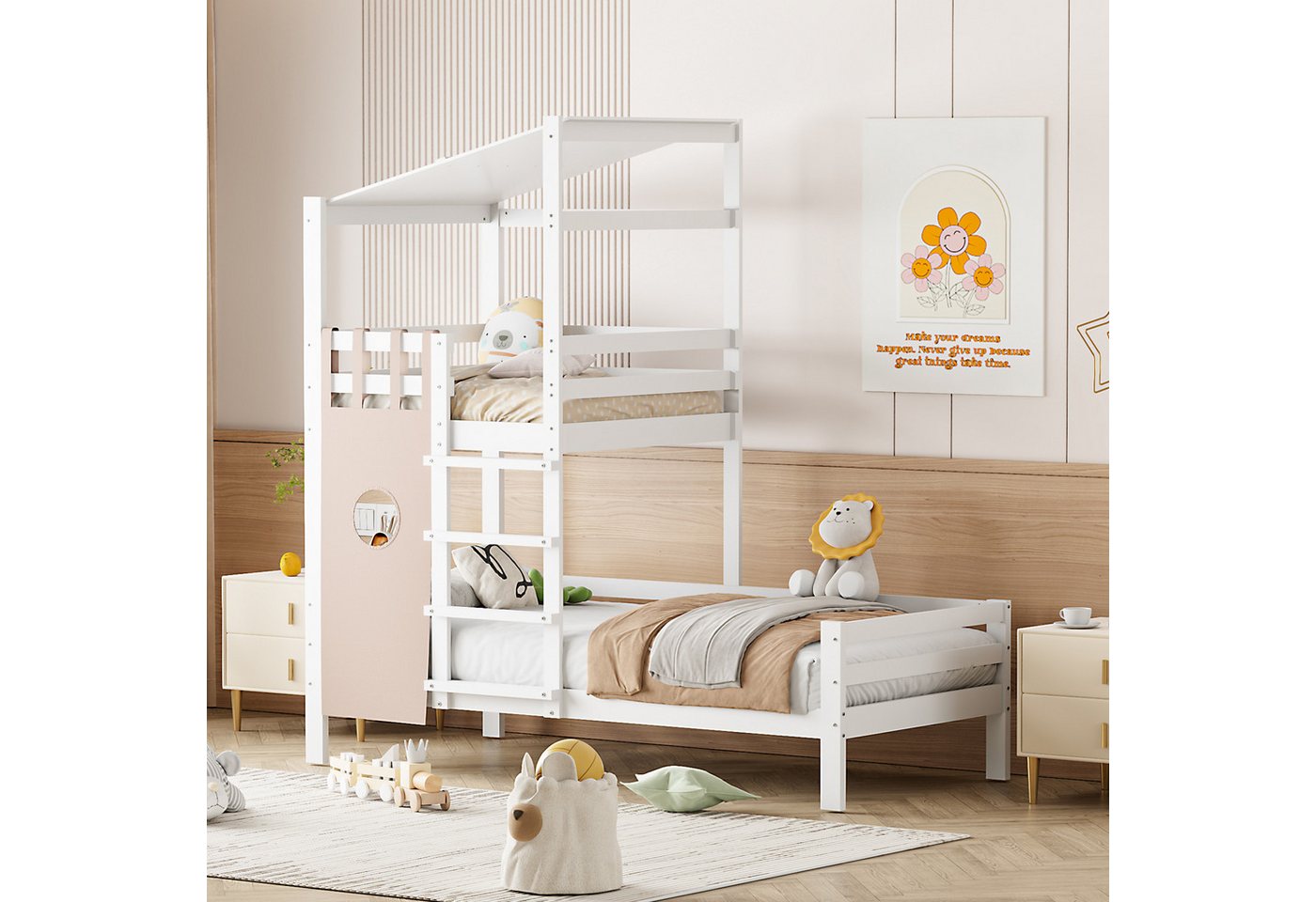 Flieks Etagenbett, Hausbett Kinderbett 90x200cm/90x96cm mit Sicherheitsleiter und Dach von Flieks