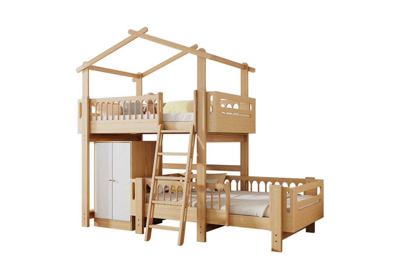 Flieks Etagenbett, Hausbett Kinderbett Kleiderschrank herausnehmbares Unterbett 90x200cm von Flieks