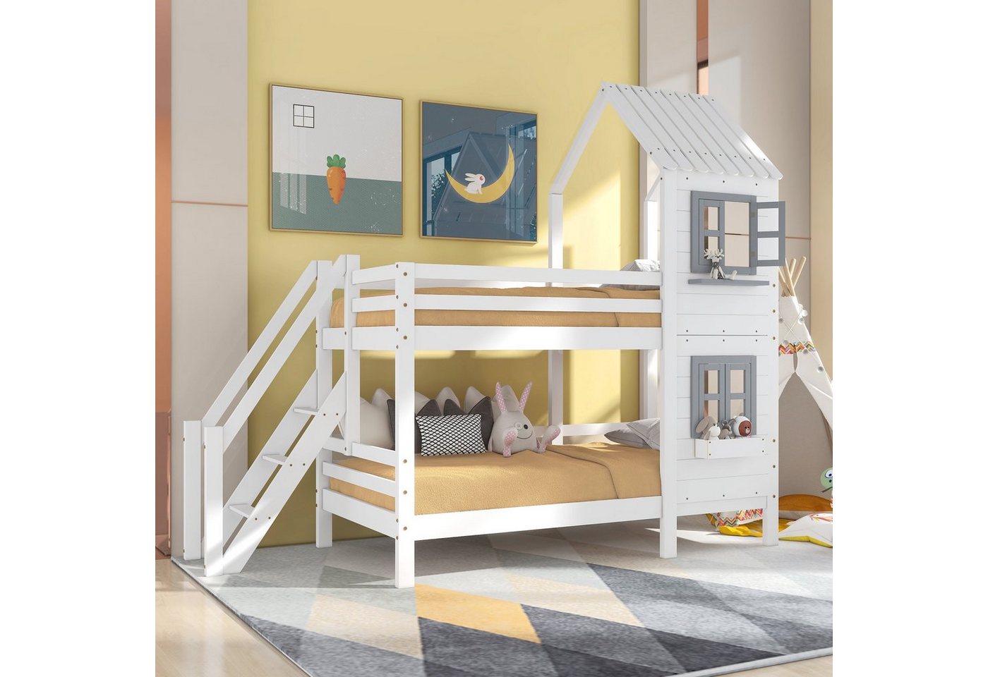 Flieks Etagenbett, Hausbett mit Fallschutz Leiter Kinderbett Kiefer 90x200cm von Flieks