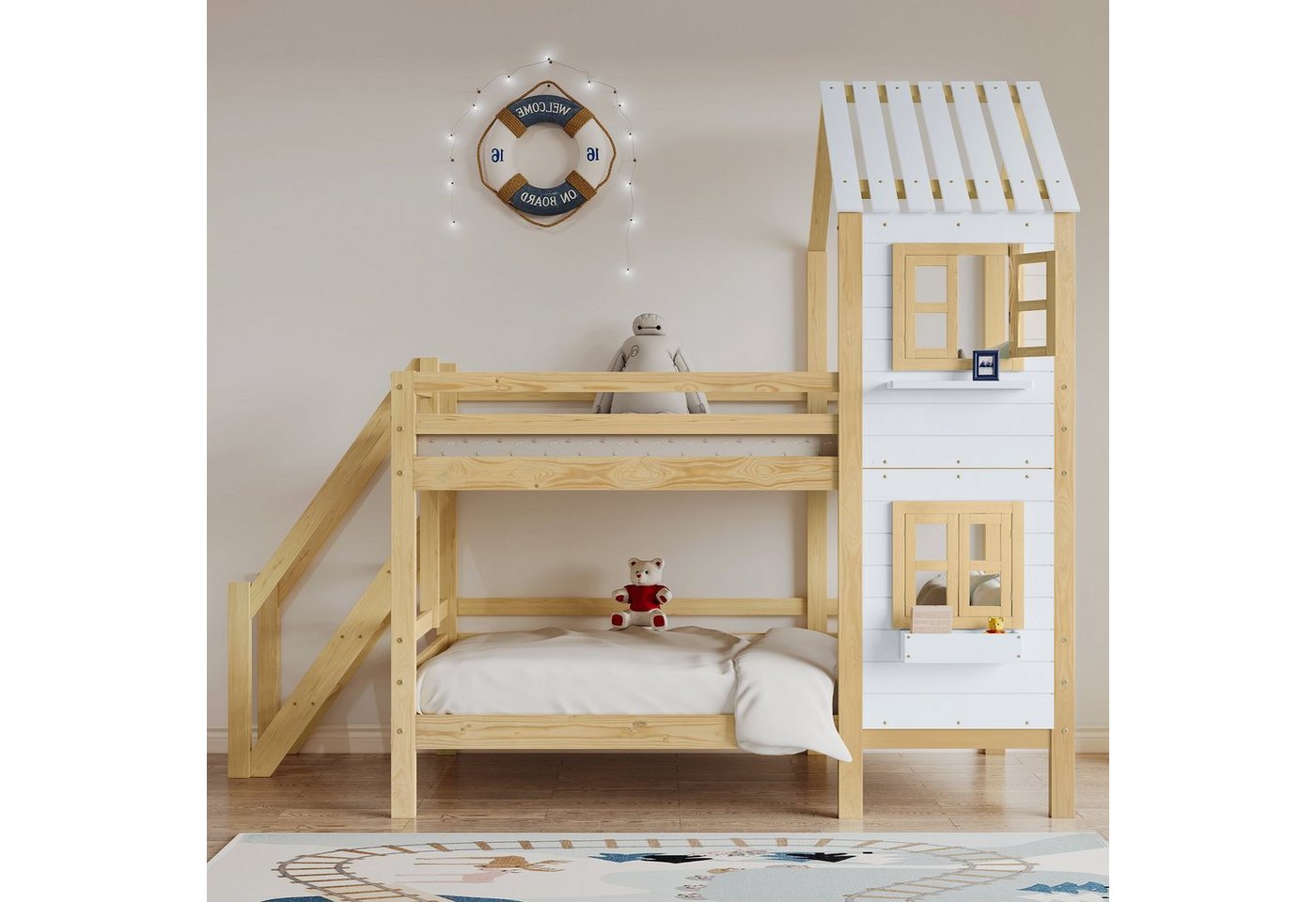 Flieks Etagenbett, Hausbett mit Fallschutz Leiter Kinderbett Kiefer 90x200cm von Flieks