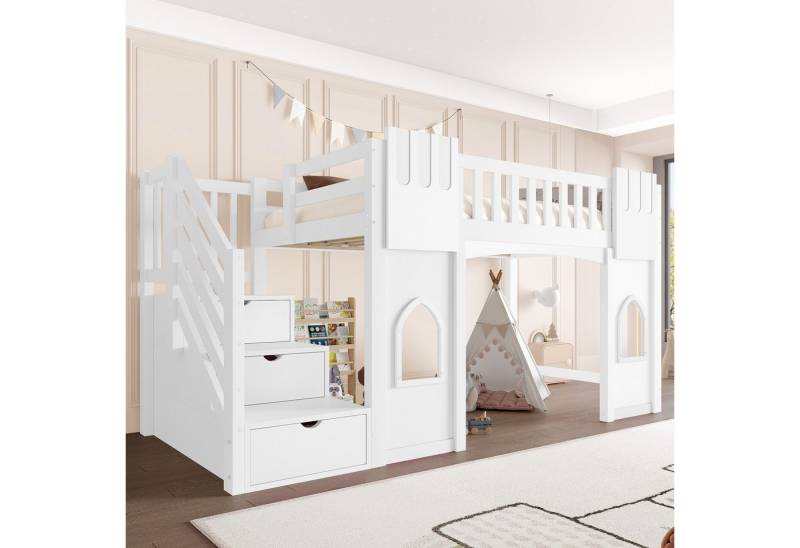 Flieks Etagenbett, Hochbett Fenster-Design 90x200cm mit Rausfallschutz und Stauraumtreppe von Flieks