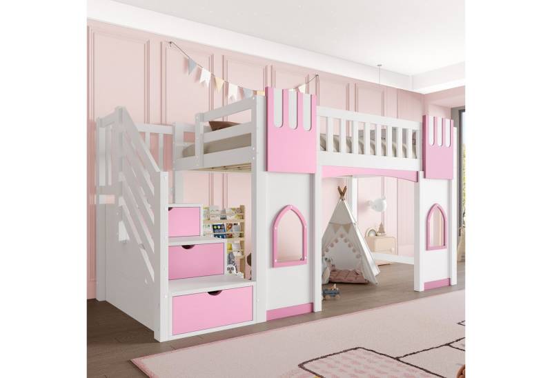 Flieks Etagenbett, Hochbett Fenster-Design 90x200cm mit Rausfallschutz und Stauraumtreppe von Flieks