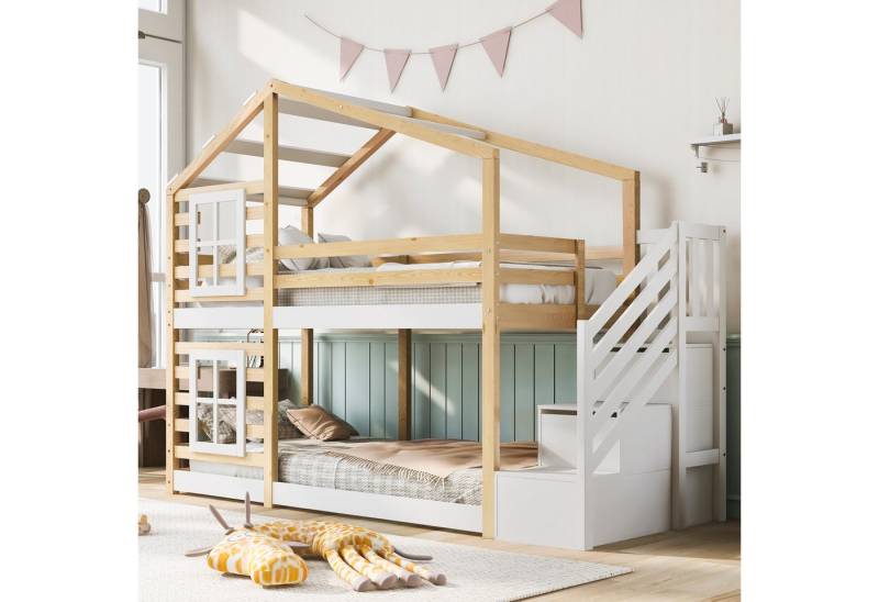 Flieks Etagenbett, Hochbett Hausbett Treppe mit 2 Schubladen Kiefer 90x200cm von Flieks