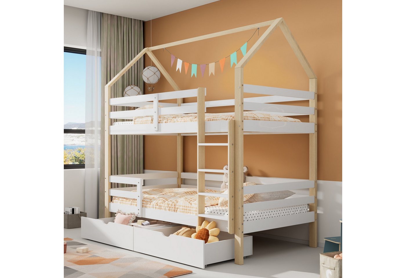 Flieks Etagenbett, Hochbett Kiefer Kinderbett mit 2 großen Schubladen 90*200cm Flieks Etagenbett, Hochbett Kiefer Kinderbett mit 2 großen Schubladen 90*200cm von Flieks