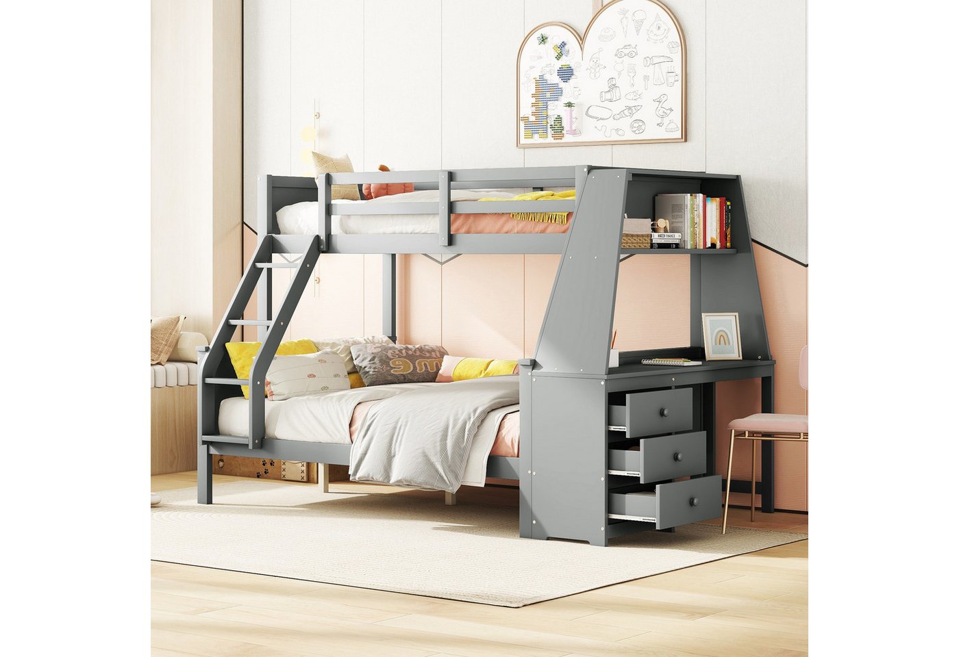 Flieks Etagenbett, Holzbett Kinderbett 90x200cm/140x200cm mit Schreibtisch und Stauraum von Flieks