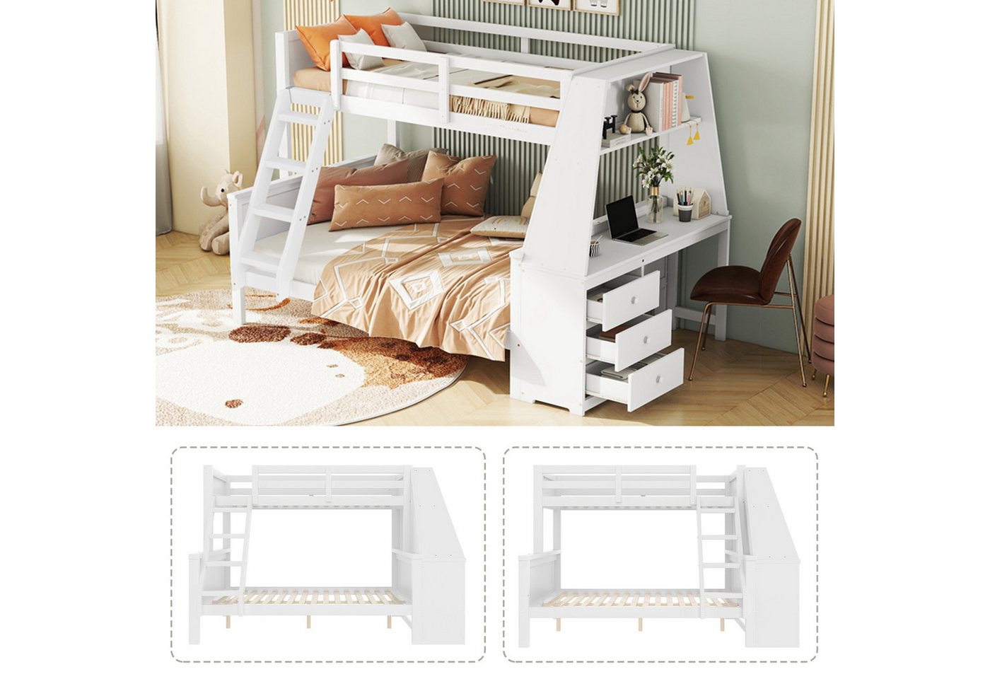 Flieks Etagenbett, Holzbett Kinderbett 90x200cm/140x200cm mit Schreibtisch und Stauraum von Flieks