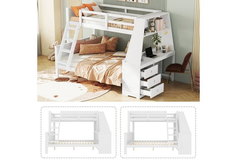 Flieks Etagenbett, Holzbett Kinderbett 90x200cm/140x200cm mit Schreibtisch und Stauraum von Flieks