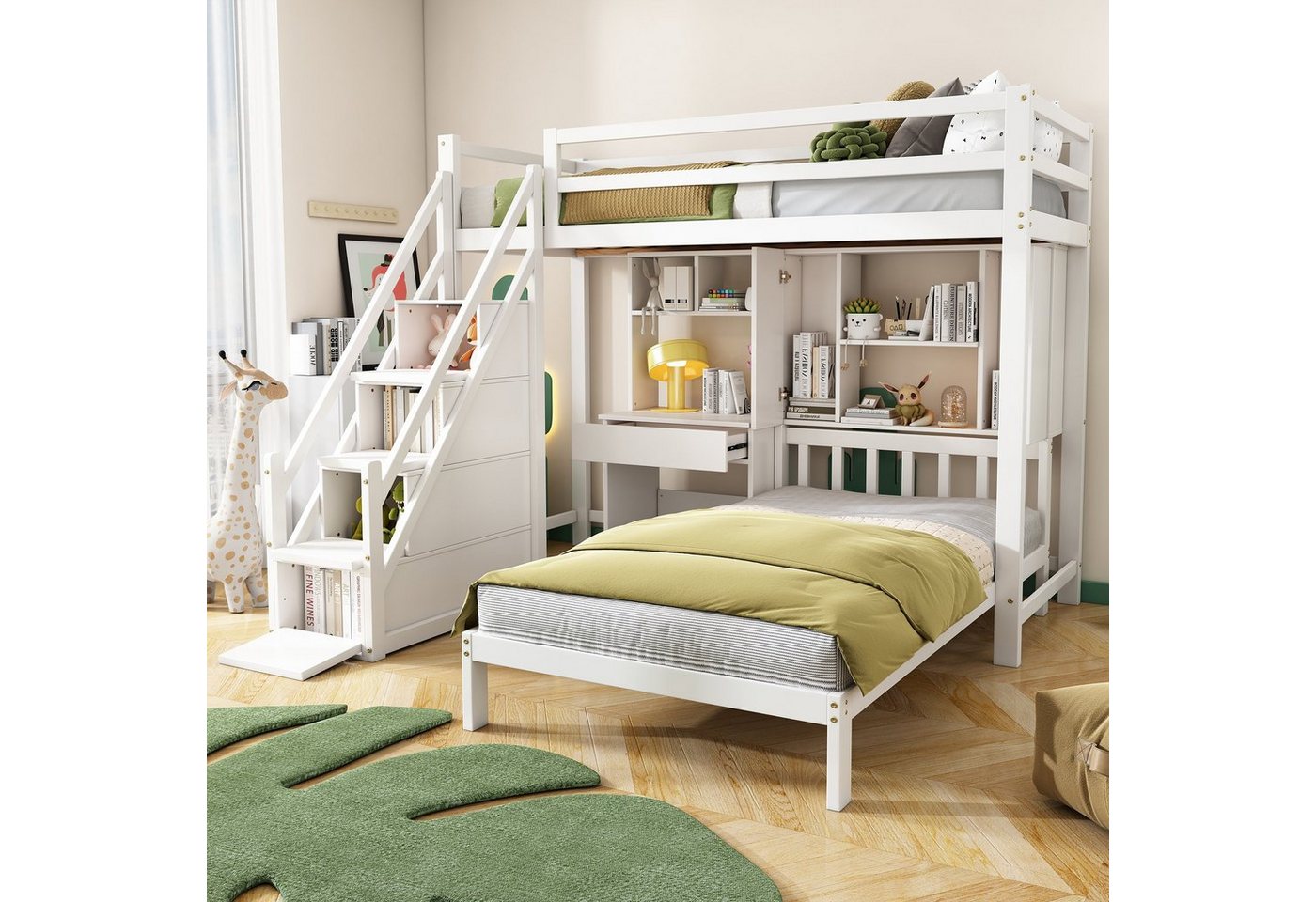 Flieks Etagenbett, Kiefernholz Kinderbett mit Schreibtisch und Treppe 90x200cm von Flieks