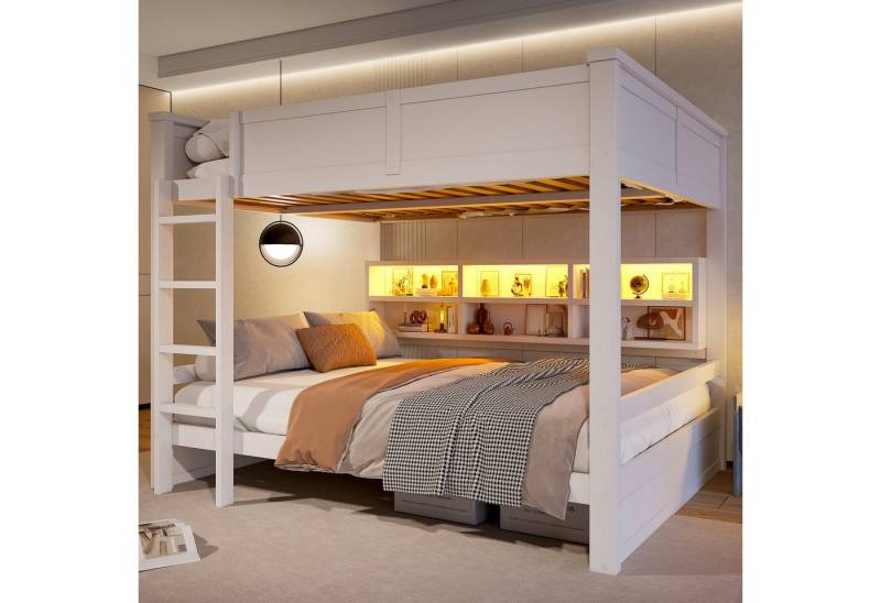 Flieks Etagenbett, Kinderbett 160x200cm mit LED-Beleuchtung, Stauraumregal und Leiter von Flieks