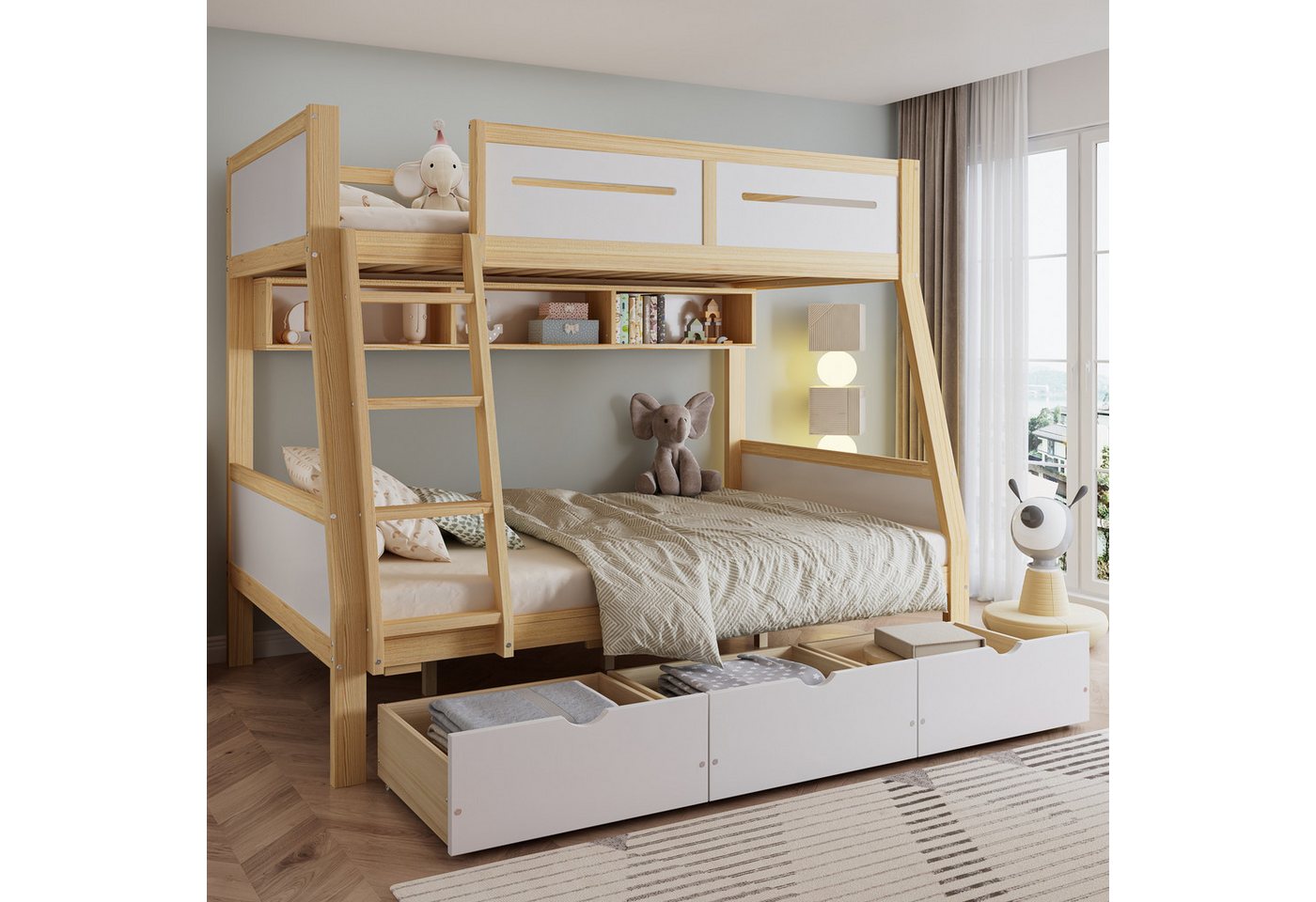 Flieks Etagenbett, Kinderbett 90/120x200cm mit 3 Schubladen, Bücherständer, Trittleiter Flieks Etagenbett, Kinderbett 90/120x200cm mit 3 Schubladen, Bücherständer, Trittleiter von Flieks