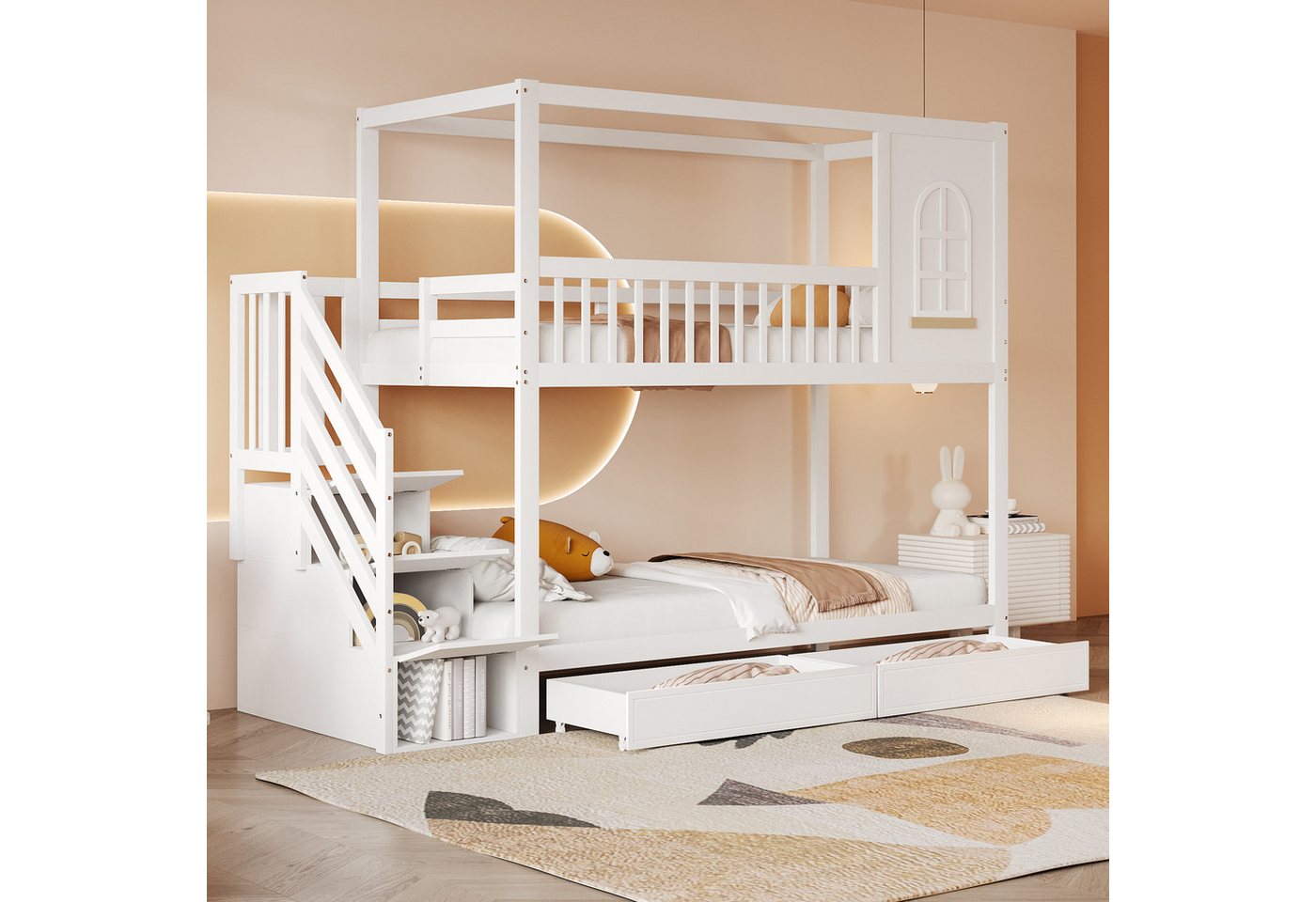 Flieks Etagenbett, Kinderbett 90x200cm mit Fenster, 2 Schubladen und Stauraumtreppe von Flieks