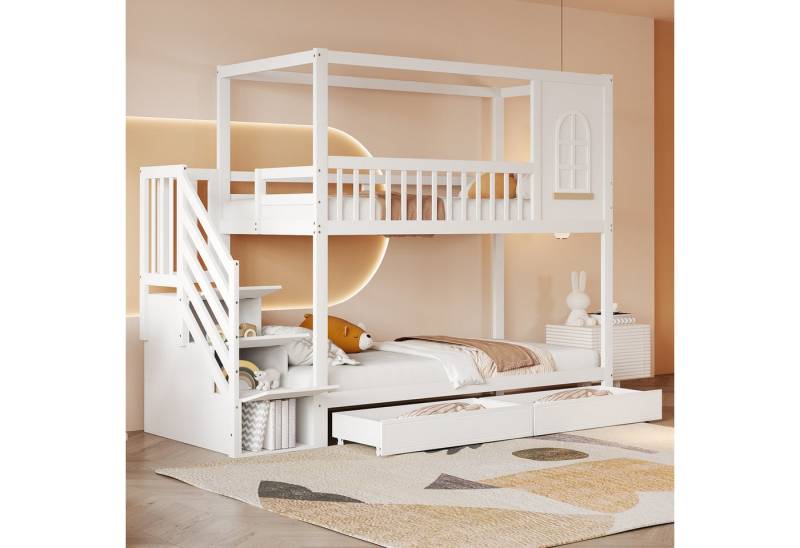 Flieks Etagenbett, Kinderbett 90x200cm mit Fenster, 2 Schubladen und Stauraumtreppe von Flieks