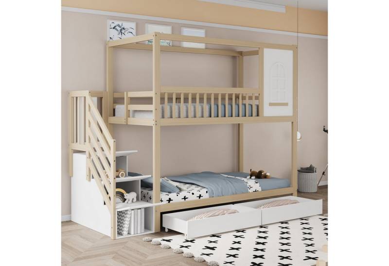 Flieks Etagenbett, Kinderbett 90x200cm mit Fenster, 2 Schubladen und Stauraumtreppe von Flieks
