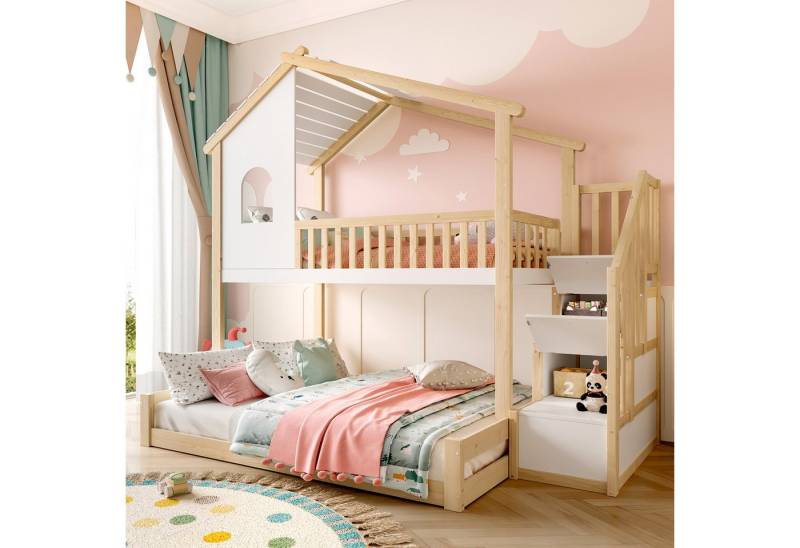 Flieks Etagenbett, Kinderbett 90x200cm mit Haus-Fenster-Design, Stauraumtreppe, Rutsche von Flieks