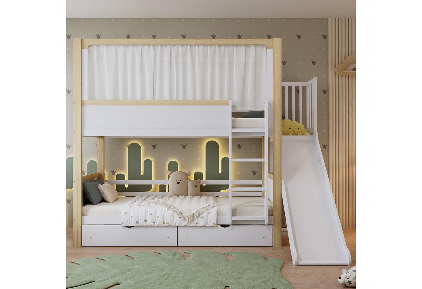 Flieks Etagenbett, Kinderbett 90x200cm mit Stoffvorhang, 2 Schubladen, Rutsche & Leiter Flieks Etagenbett, Kinderbett 90x200cm mit Stoffvorhang, 2 Schubladen, Rutsche & Leiter von Flieks