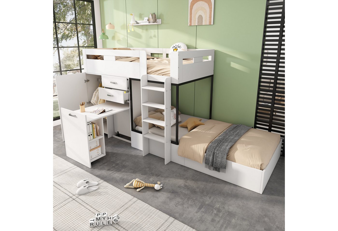 Flieks Etagenbett, Kinderbett 90x200cm mit ausziehbarem Tisch, Garderobe, großem Stauraum von Flieks