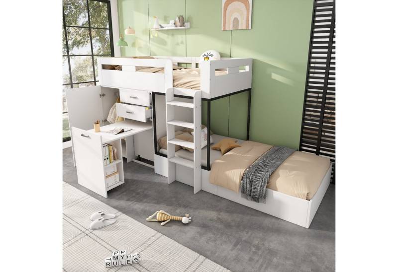 Flieks Etagenbett, Kinderbett 90x200cm mit ausziehbarem Tisch, Garderobe, großem Stauraum von Flieks