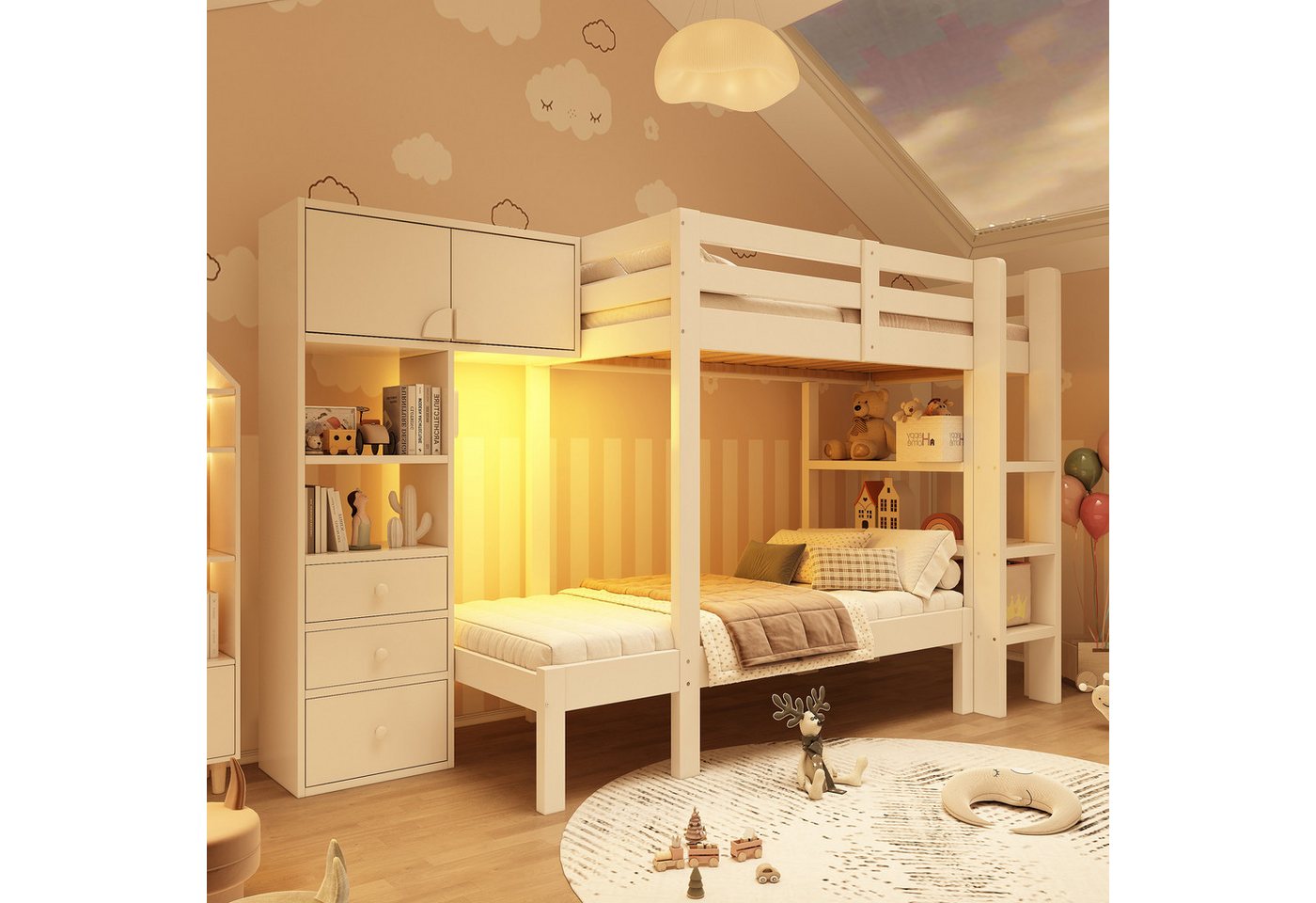 Flieks Etagenbett, Kinderbett 90x200cm mit intelligentem Nachtlicht, Schrank und Regal von Flieks