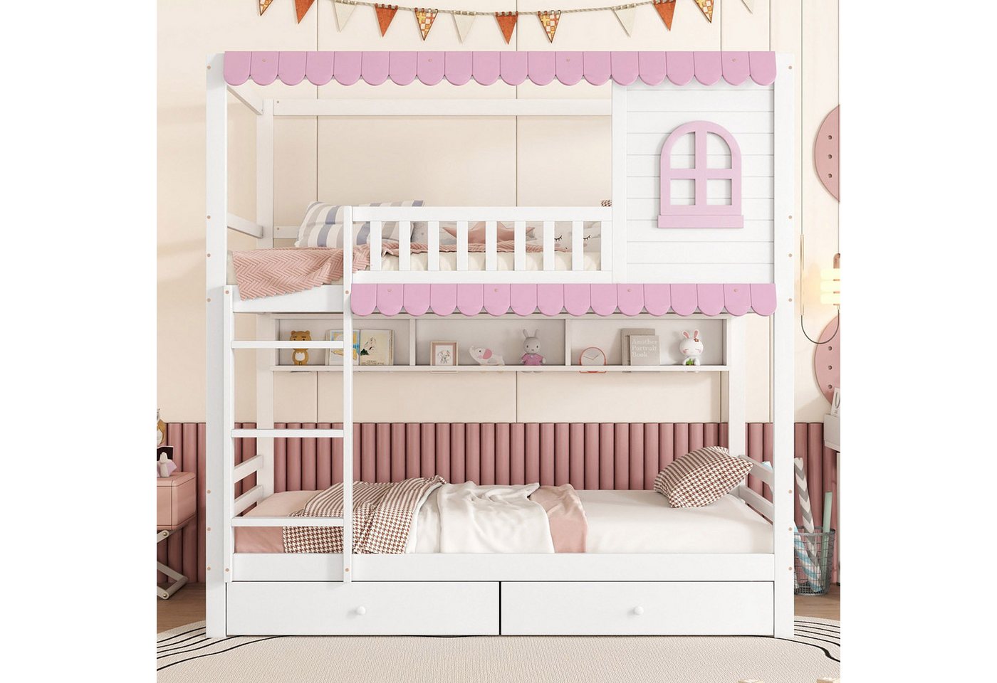 Flieks Etagenbett, Kinderbett 90x200cm mit offenen Regal und 2 Schubladen mit Rollen von Flieks