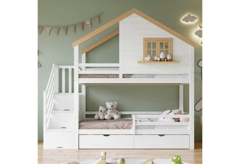 Flieks Etagenbett, Kinderbett Hausbett 90x200cm mit 2 Schubladen, Fenster, Rausfallschutz von Flieks