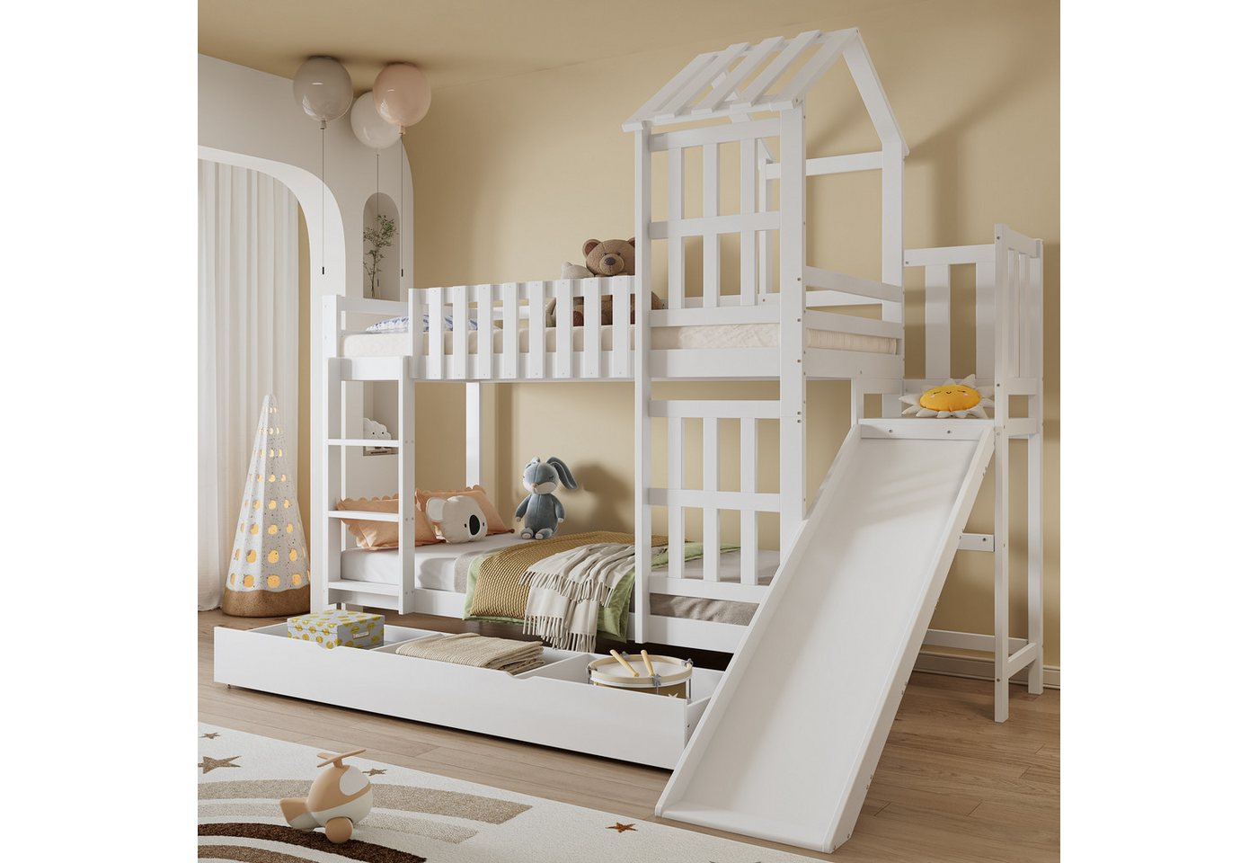 Flieks Etagenbett, Kinderbett Hausbett 90x200cm mit Rausfallschutz, Rutsche und Schublade Flieks Etagenbett, Kinderbett Hausbett 90x200cm mit Rausfallschutz, Rutsche und Schublade von Flieks