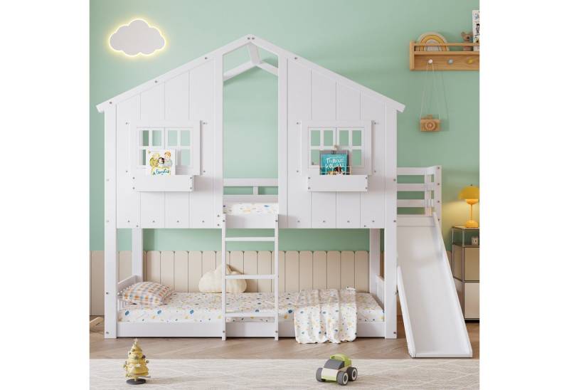 Flieks Etagenbett, Kinderbett Hausbett 90x200cm mit Rutsche, Leiter und oberem Lattenrost von Flieks